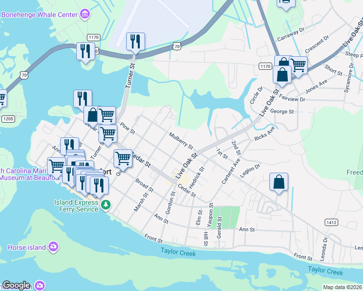 map of restaurants, bars, coffee shops, grocery stores, and more near 801-809 Mulberry Street in Beaufort