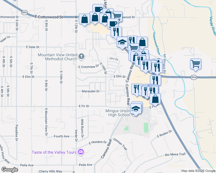 map of restaurants, bars, coffee shops, grocery stores, and more near 1040 South 16th Place in Cottonwood