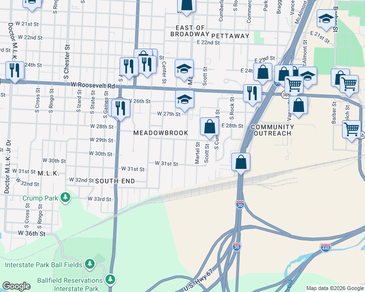 map of restaurants, bars, coffee shops, grocery stores, and more near 2904 Main Street in Little Rock