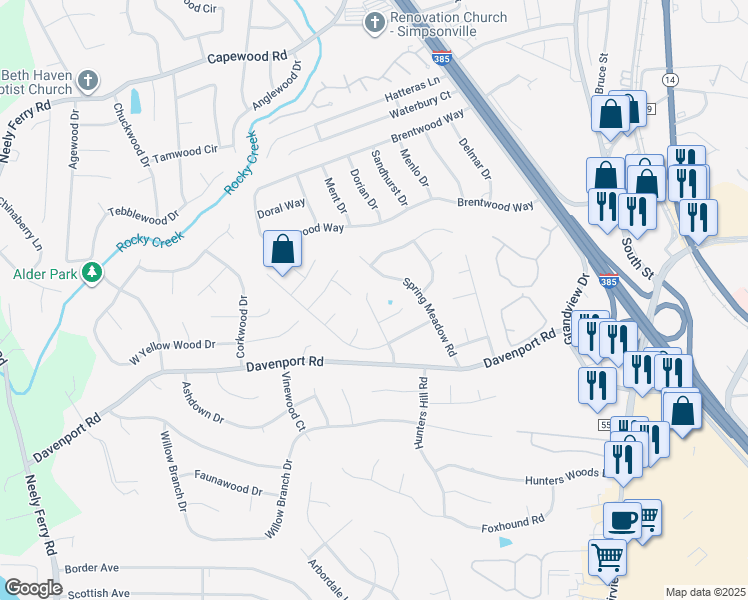map of restaurants, bars, coffee shops, grocery stores, and more near 211 Picton Place in Simpsonville