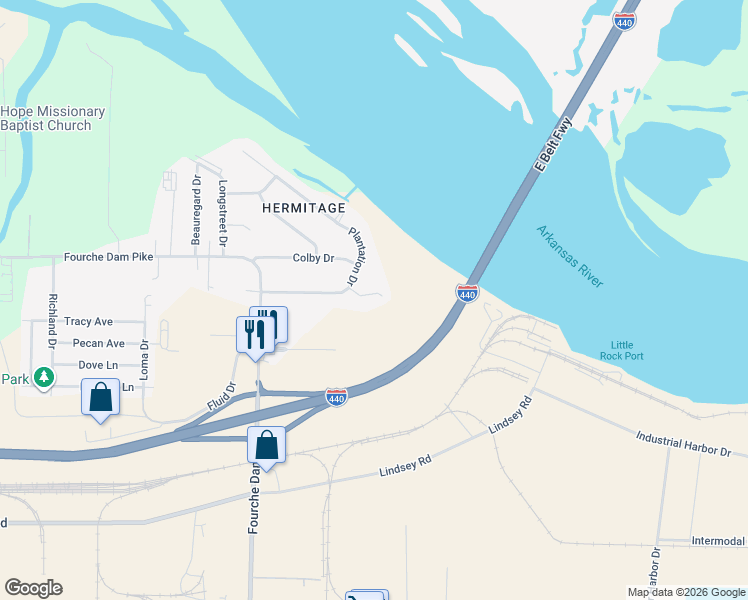 map of restaurants, bars, coffee shops, grocery stores, and more near 11 Shelby Circle in Little Rock