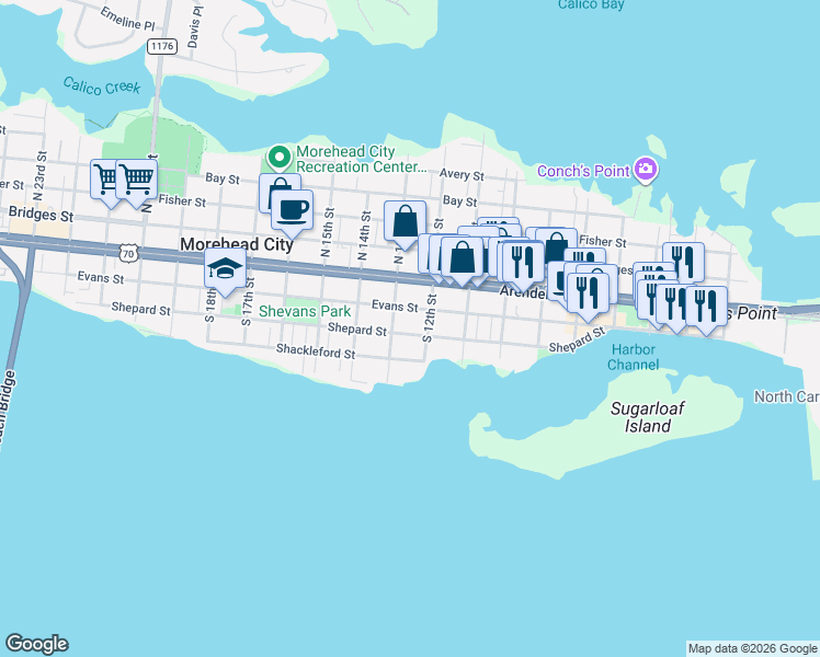 map of restaurants, bars, coffee shops, grocery stores, and more near 1205 Evans Street in Morehead City