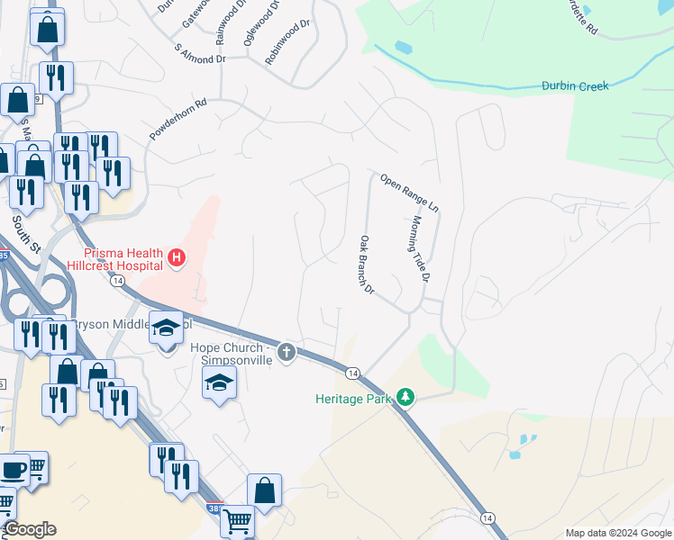 map of restaurants, bars, coffee shops, grocery stores, and more near 6 Valeria Place in Simpsonville