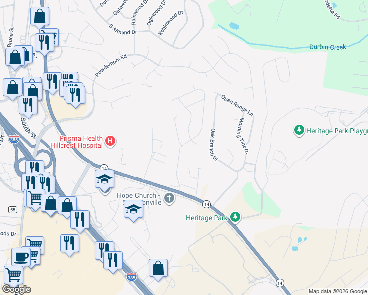 map of restaurants, bars, coffee shops, grocery stores, and more near 101 Silver Falls Drive in Simpsonville
