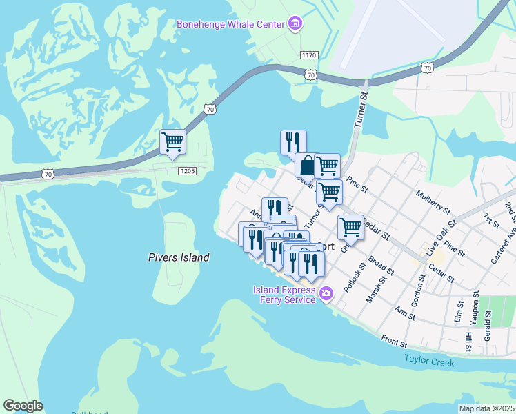 map of restaurants, bars, coffee shops, grocery stores, and more near 205 Moore Street in Beaufort