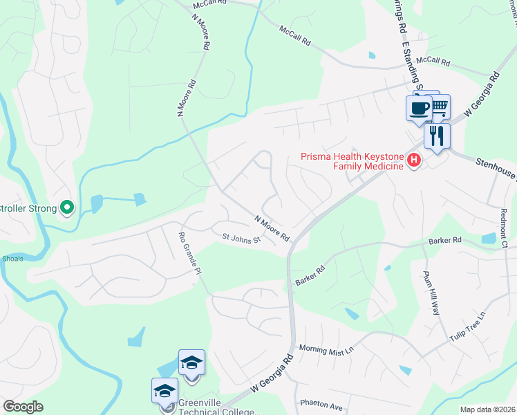 map of restaurants, bars, coffee shops, grocery stores, and more near 124 North Moore Road in Simpsonville