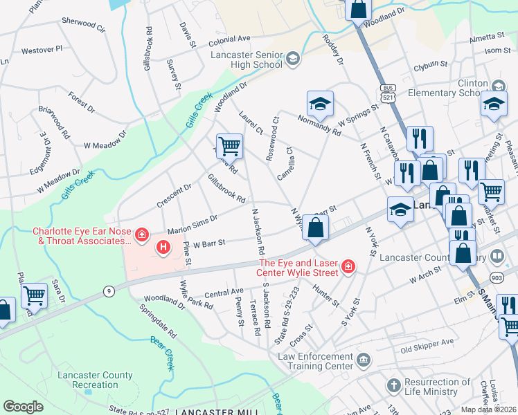 map of restaurants, bars, coffee shops, grocery stores, and more near 401 Gillsbrook Road in Lancaster
