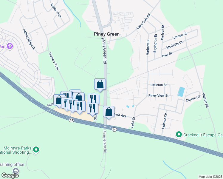 map of restaurants, bars, coffee shops, grocery stores, and more near 2757 Piney Green Road in Piney Green