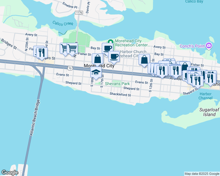 map of restaurants, bars, coffee shops, grocery stores, and more near 1601 Shepard Street in Morehead City