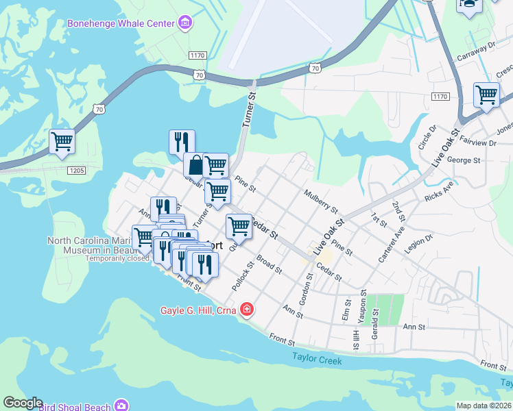 map of restaurants, bars, coffee shops, grocery stores, and more near 417 Queen Street in Beaufort