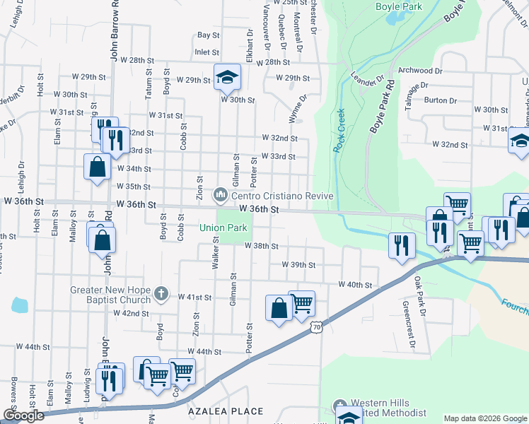 map of restaurants, bars, coffee shops, grocery stores, and more near 7924 West 36th Street in Little Rock