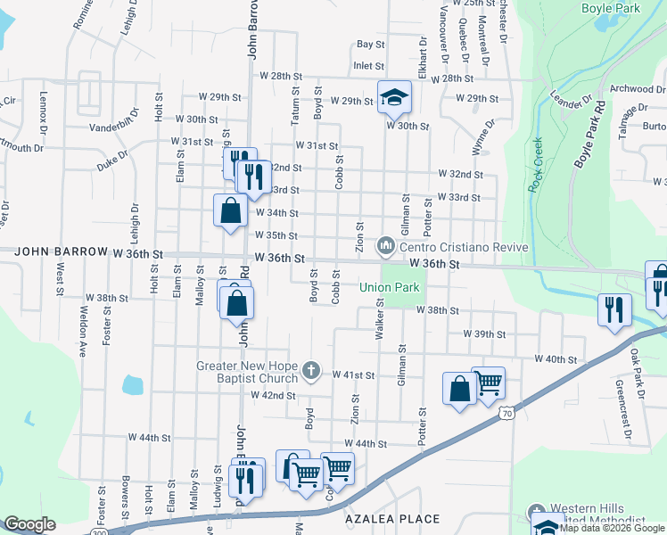 map of restaurants, bars, coffee shops, grocery stores, and more near 8319 West 36th Street in Little Rock