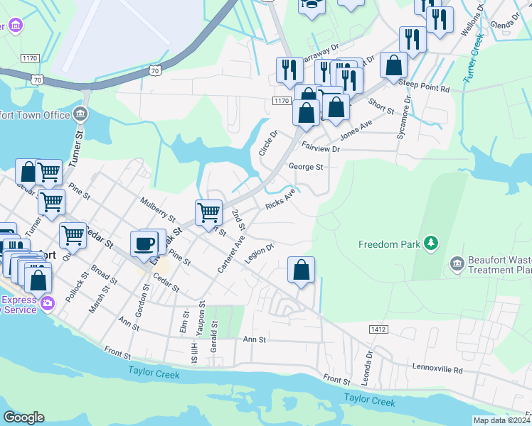 map of restaurants, bars, coffee shops, grocery stores, and more near 102 Ricks Avenue in Beaufort