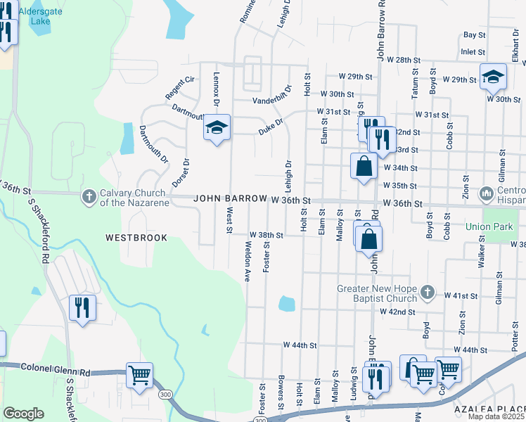 map of restaurants, bars, coffee shops, grocery stores, and more near 3612 Foster Street in Little Rock