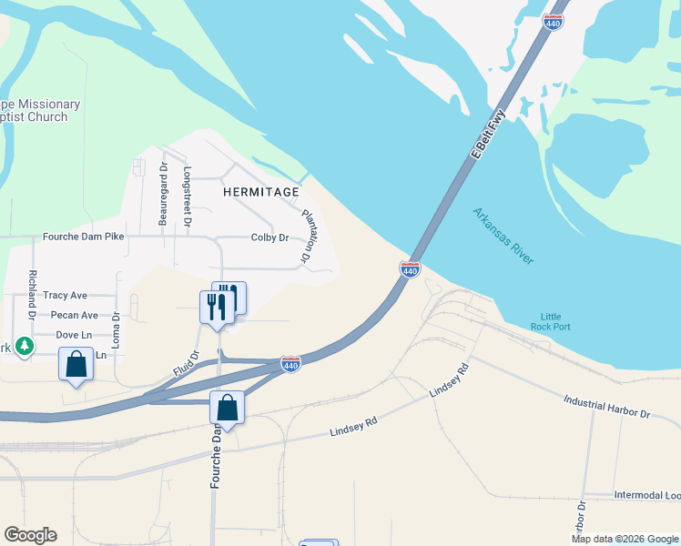 map of restaurants, bars, coffee shops, grocery stores, and more near 11 Shelby Circle in Little Rock
