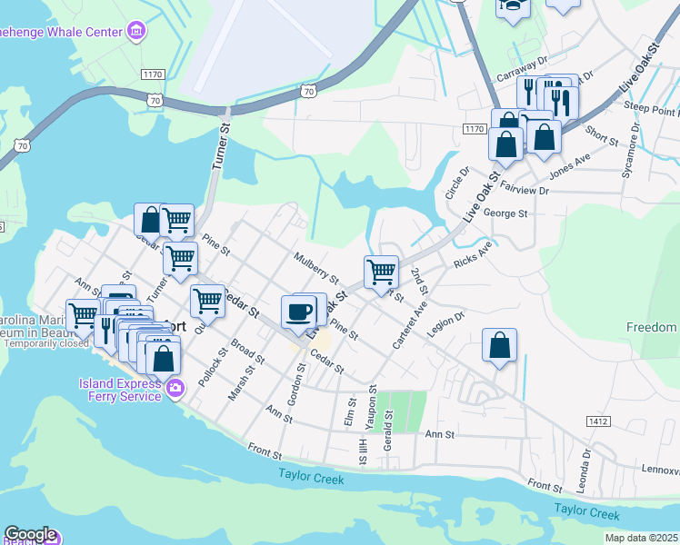 map of restaurants, bars, coffee shops, grocery stores, and more near 801 Mulberry Street in Beaufort