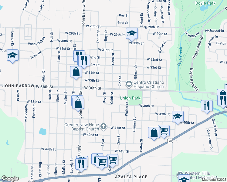 map of restaurants, bars, coffee shops, grocery stores, and more near 8319 West 36th Street in Little Rock