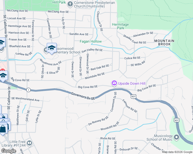 map of restaurants, bars, coffee shops, grocery stores, and more near 1606 Montdale Road Southeast in Huntsville