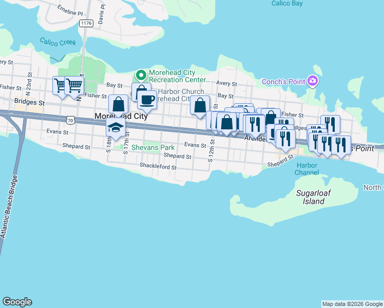map of restaurants, bars, coffee shops, grocery stores, and more near 1304 Shepard Street in Morehead City