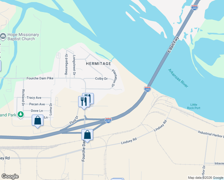 map of restaurants, bars, coffee shops, grocery stores, and more near 1 Shelby Circle in Little Rock