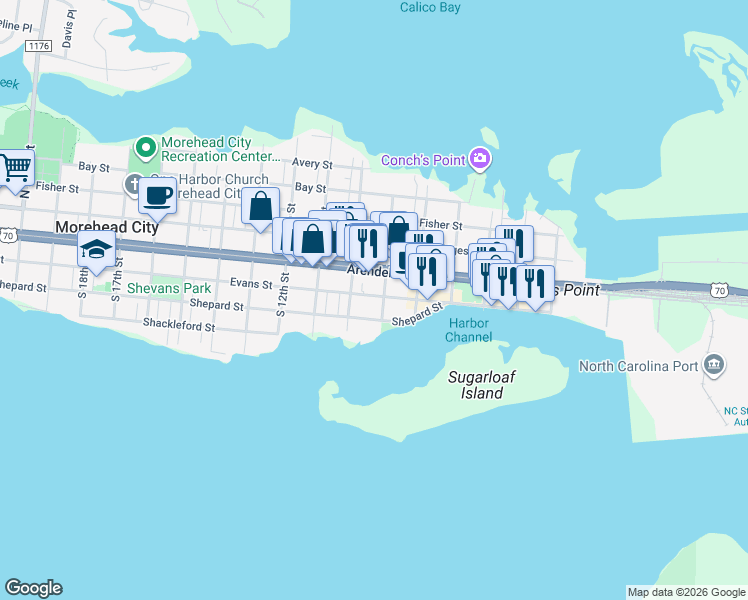 map of restaurants, bars, coffee shops, grocery stores, and more near 903 Evans Street in Morehead City