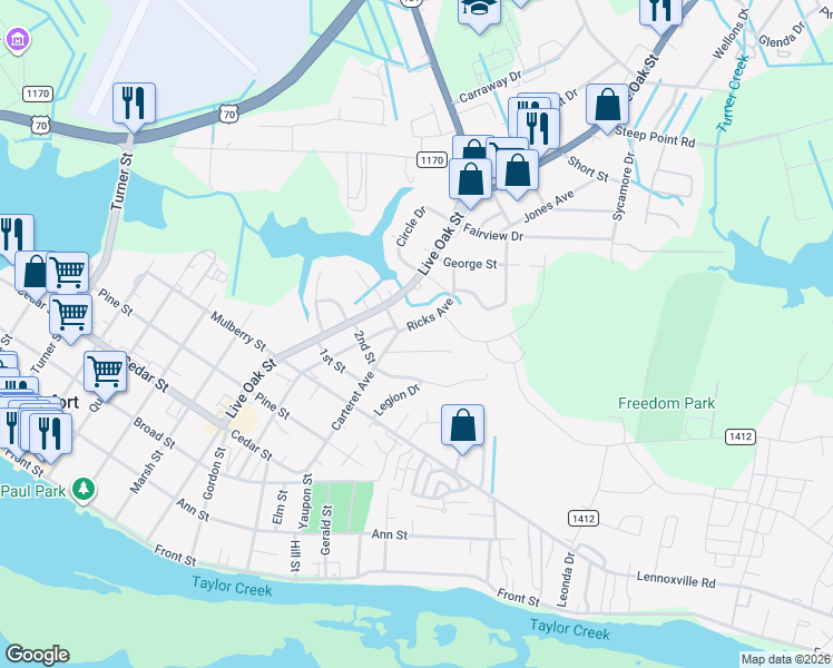 map of restaurants, bars, coffee shops, grocery stores, and more near 102 Ricks Avenue in Beaufort