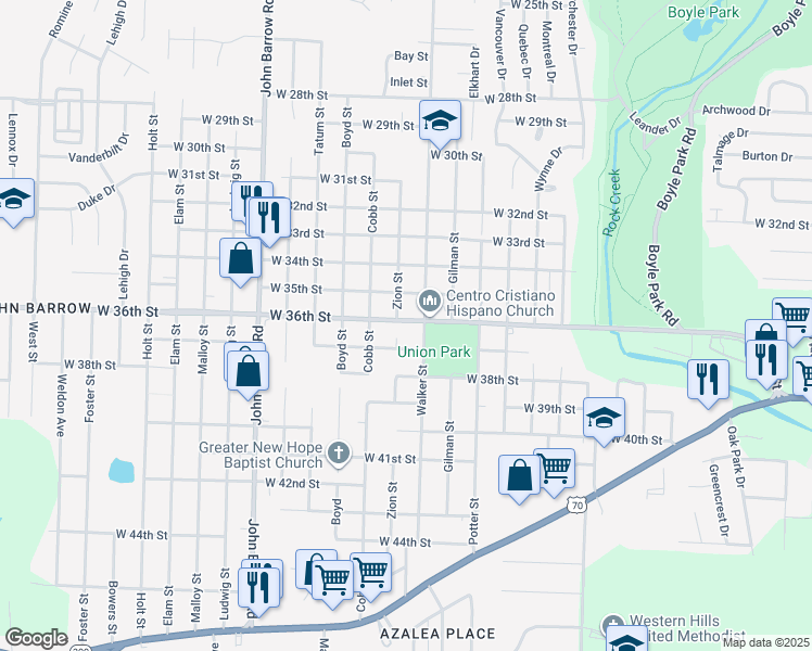 map of restaurants, bars, coffee shops, grocery stores, and more near 8209 West 36th Street in Little Rock