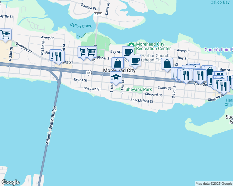 map of restaurants, bars, coffee shops, grocery stores, and more near 1707 Shepard Street in Morehead City