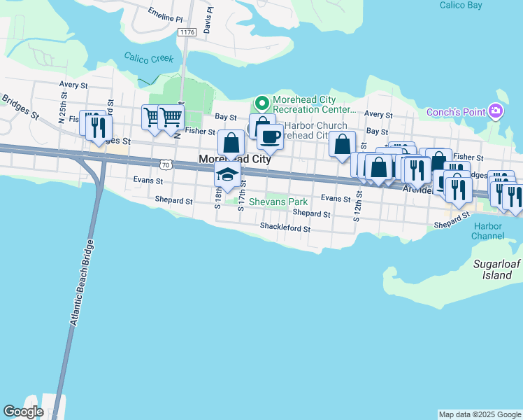 map of restaurants, bars, coffee shops, grocery stores, and more near 1601 Shepard St in Morehead City