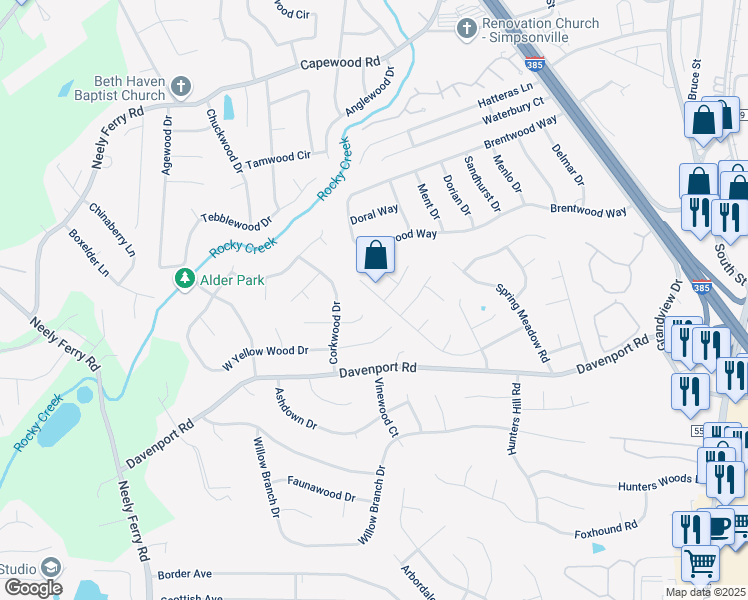 map of restaurants, bars, coffee shops, grocery stores, and more near 501 Hudders Creek Way in Simpsonville