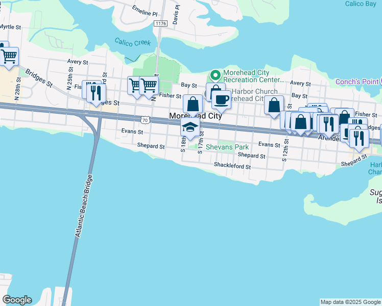 map of restaurants, bars, coffee shops, grocery stores, and more near 1707 Shepard Street in Morehead City