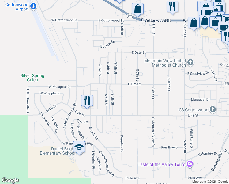 map of restaurants, bars, coffee shops, grocery stores, and more near 1032 South 5th Street in Cottonwood