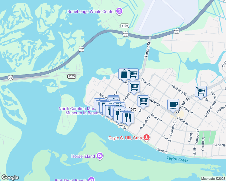 map of restaurants, bars, coffee shops, grocery stores, and more near 301 Broad Street in Beaufort
