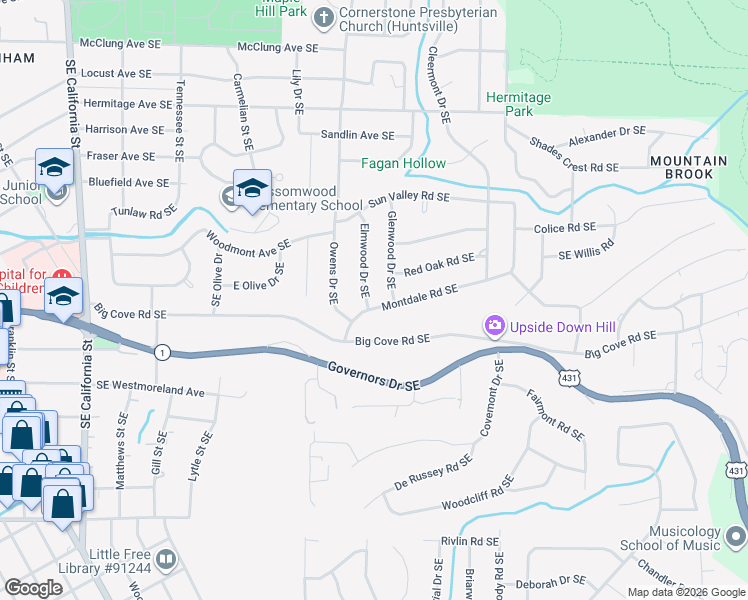 map of restaurants, bars, coffee shops, grocery stores, and more near 1508 Elmwood Drive Southeast in Huntsville