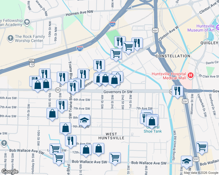 map of restaurants, bars, coffee shops, grocery stores, and more near 115 4th Street Southwest in Huntsville