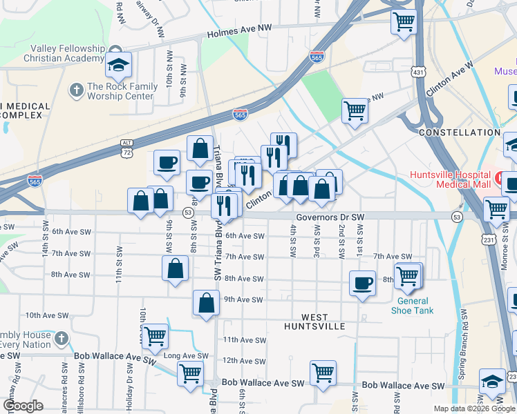 map of restaurants, bars, coffee shops, grocery stores, and more near 2617 Clinton Avenue West in Huntsville