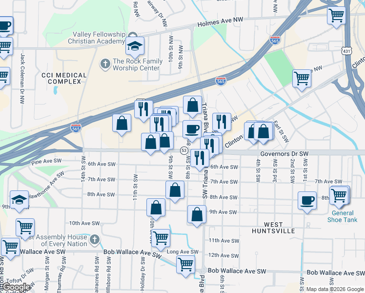 map of restaurants, bars, coffee shops, grocery stores, and more near 3310 Governors Drive Southwest in Huntsville