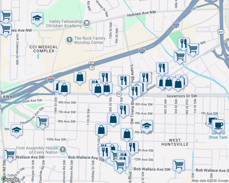 map of restaurants, bars, coffee shops, grocery stores, and more near 3310 Governors Drive Southwest in Huntsville