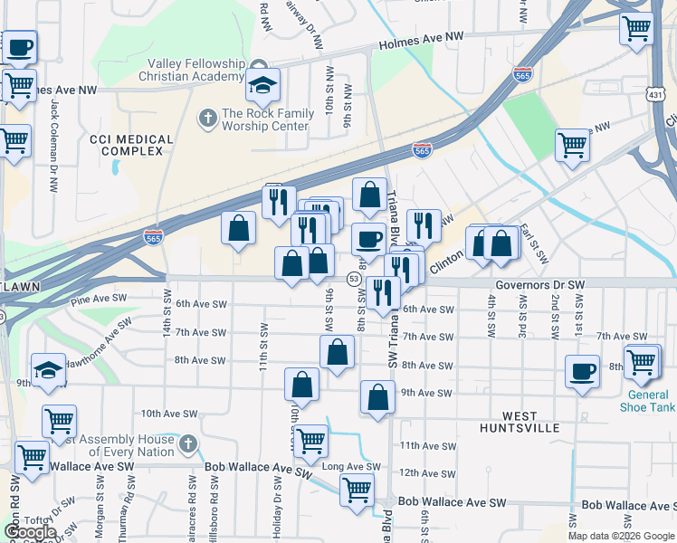 map of restaurants, bars, coffee shops, grocery stores, and more near 3310 Governors Drive Southwest in Huntsville
