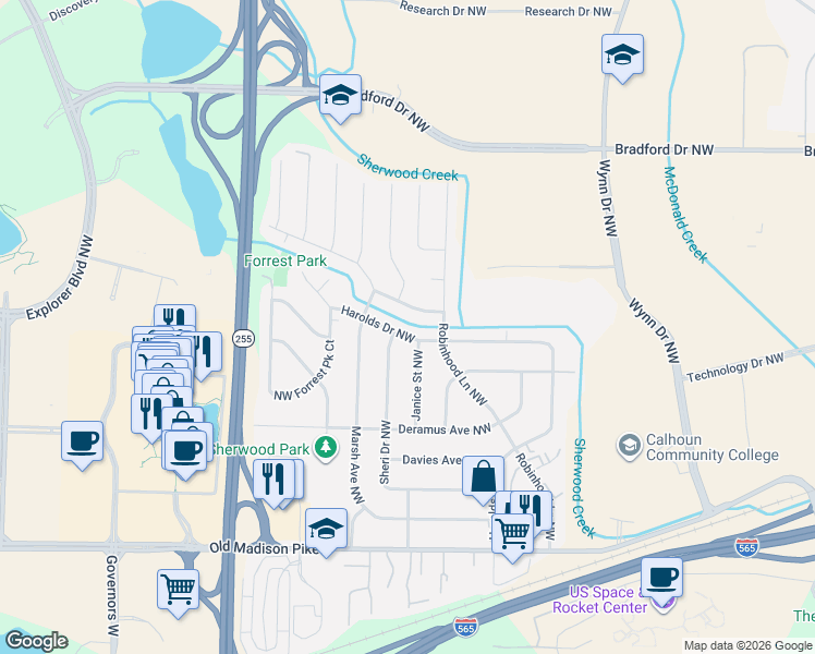 map of restaurants, bars, coffee shops, grocery stores, and more near 608 Harolds Drive Northwest in Huntsville