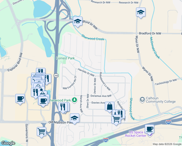 map of restaurants, bars, coffee shops, grocery stores, and more near 608 Harolds Drive Northwest in Huntsville