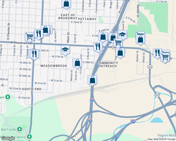 map of restaurants, bars, coffee shops, grocery stores, and more near 25 New Horizon Lane in Little Rock