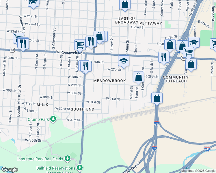 map of restaurants, bars, coffee shops, grocery stores, and more near 2900 Center Street in Little Rock