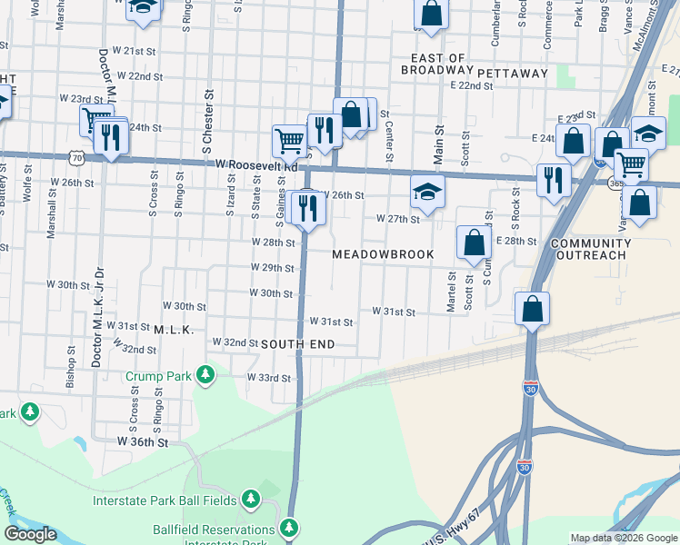 map of restaurants, bars, coffee shops, grocery stores, and more near 2817 Broadway Street in Little Rock