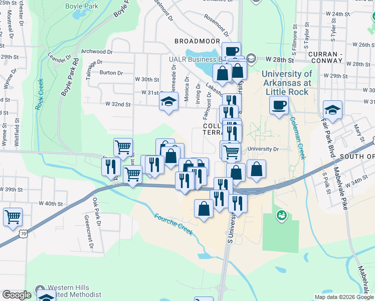 map of restaurants, bars, coffee shops, grocery stores, and more near 48 Purdue Circle in Little Rock