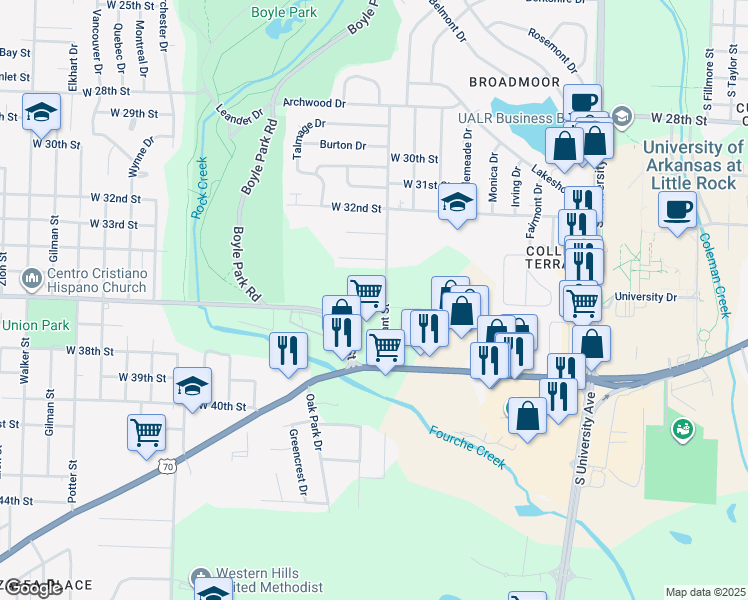 map of restaurants, bars, coffee shops, grocery stores, and more near 3510 South Bryant Street in Little Rock