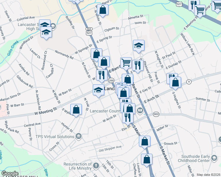 map of restaurants, bars, coffee shops, grocery stores, and more near 104 North Main Street in Lancaster