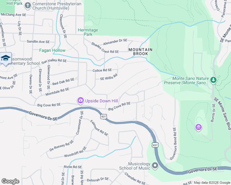 map of restaurants, bars, coffee shops, grocery stores, and more near 1802 Southeast Mountainbrook Drive in Huntsville