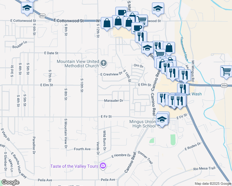 map of restaurants, bars, coffee shops, grocery stores, and more near 1411 5 Star Boulevard in Cottonwood