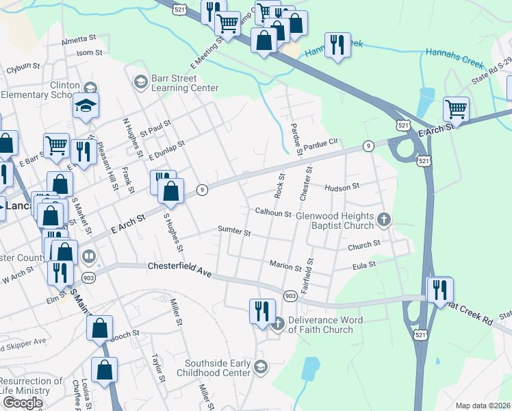 map of restaurants, bars, coffee shops, grocery stores, and more near 802 Hemmingway Drive in Lancaster